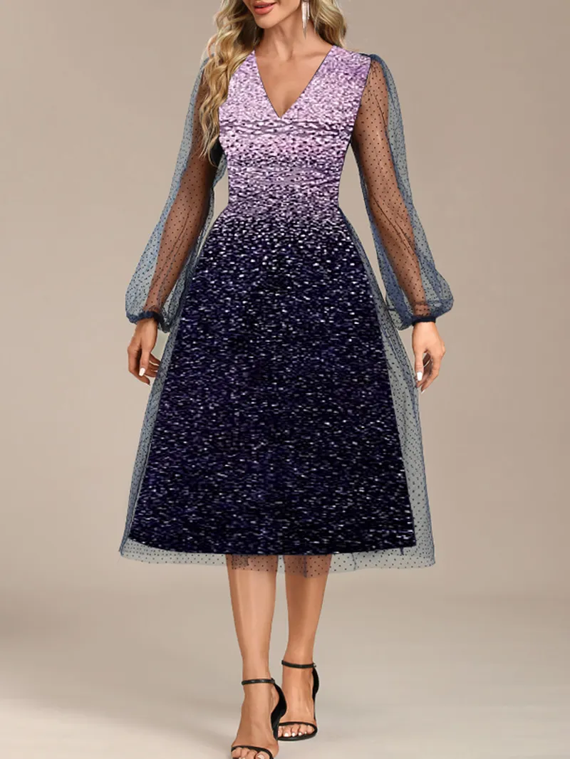 V-neck see-through lantern sleeve dress cocktail dress waist loose swing dress dress