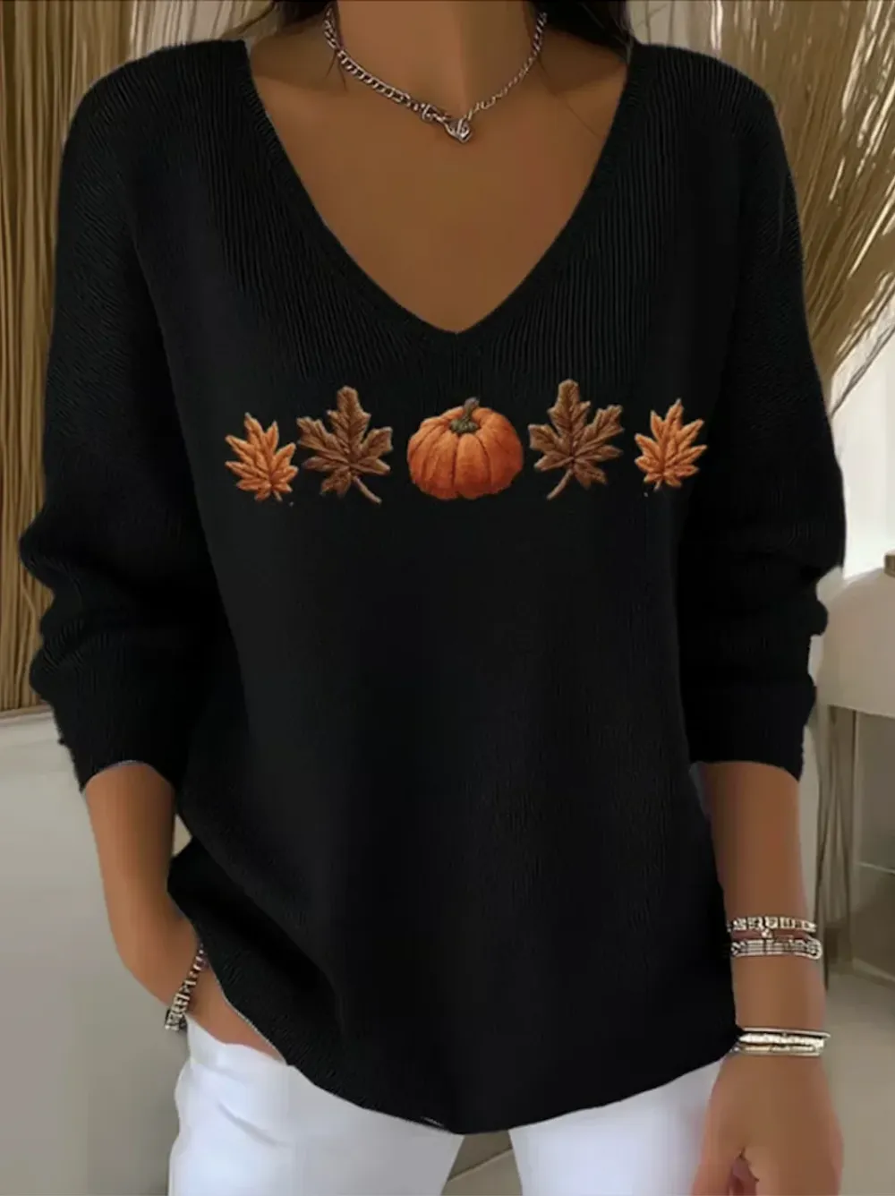 Cotton Casual V Neck Floral Sweater