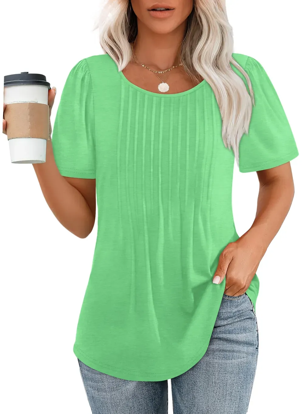 🌞Women's Short Sleeve Pleated Dressy Casual Scooped Neck Tops