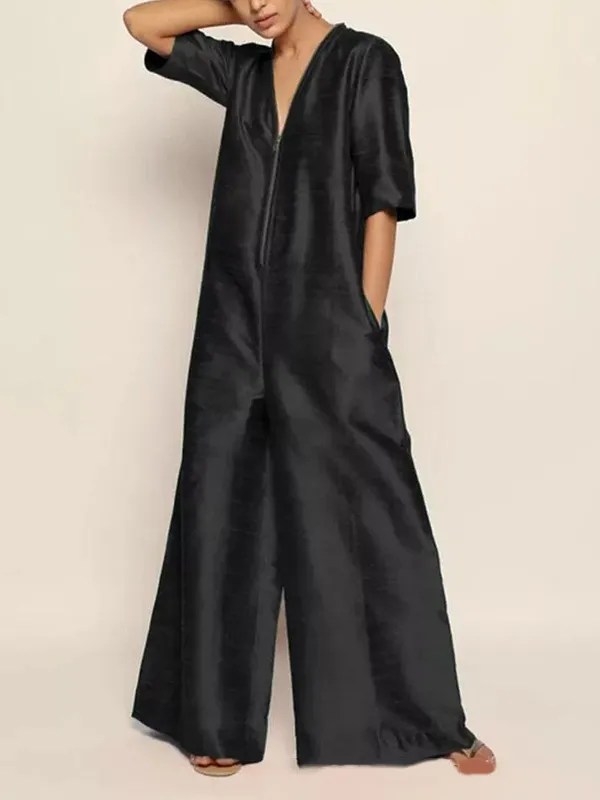 Half Sleeves Loose Solid Color Zipper V-Neck Jumpsuits