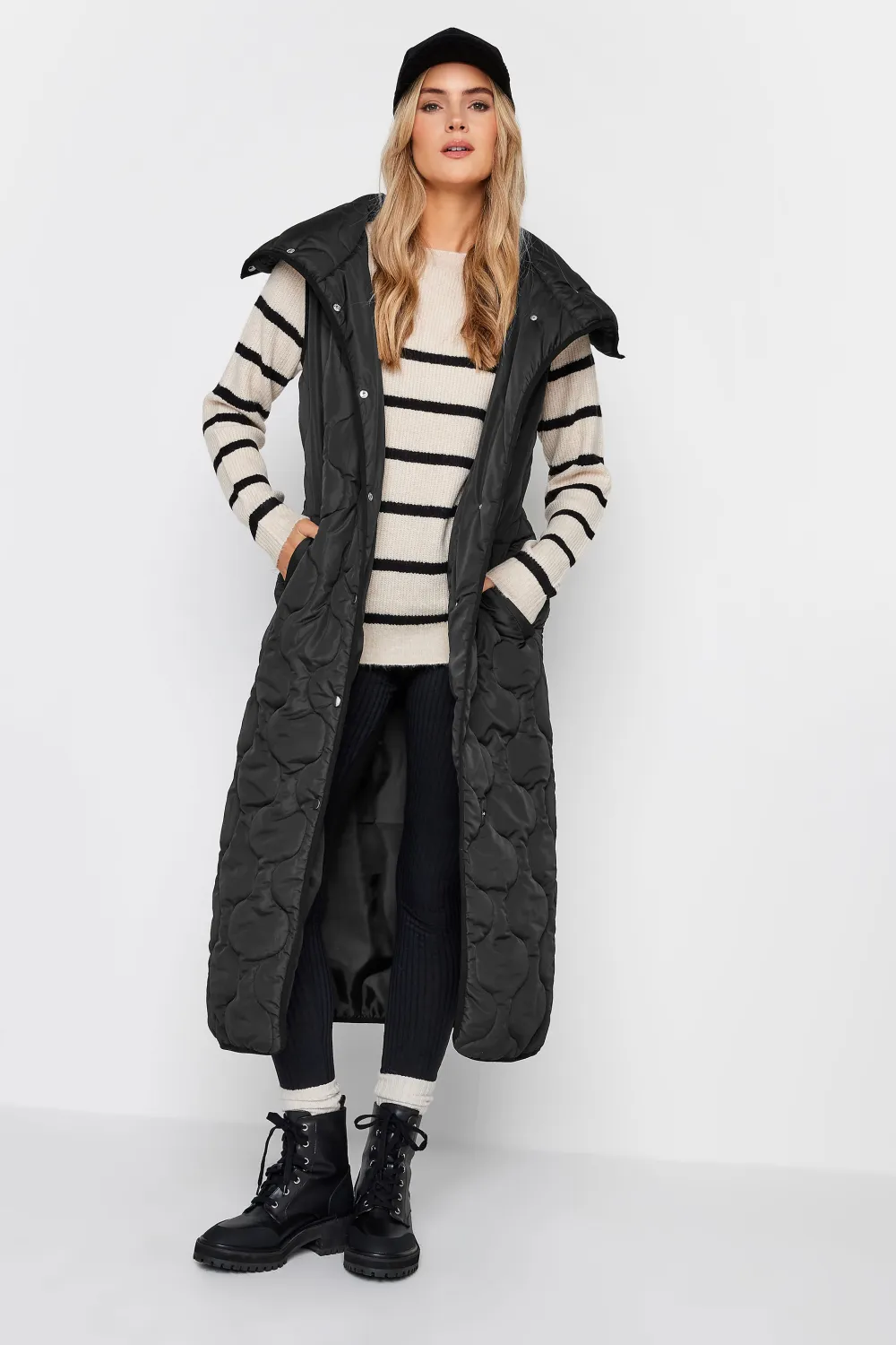 LTS Tall Black Funnel Neck Quilted Longline Gilet