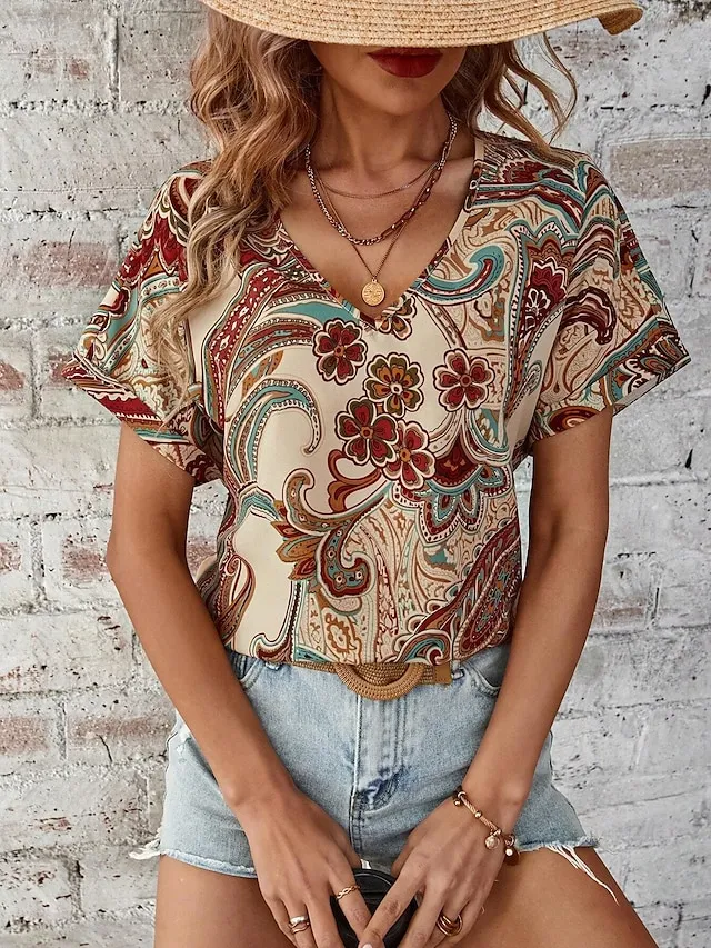 Women's Boho Shirt Tee Paisley Vintage Rainbow Print Blouse V Neck Half Sleeve Casual Short Sleeve Ethnic Summer Spring Shirts