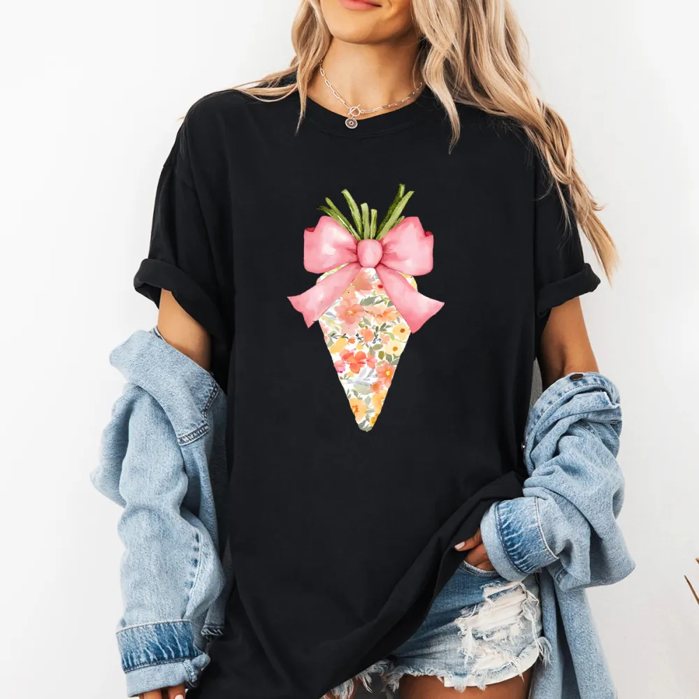 A Floral Design On A Carrot Top With A Pink Bow And Green Leaves On Top, Easter, Casual T-Shirt.