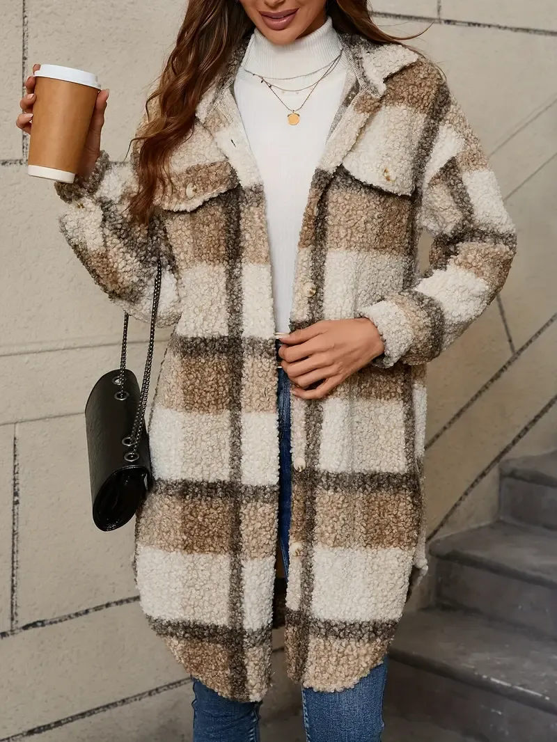 Plaid Pattern Button Front Fuzzy Jacket, Casual Thermal Long Sleeve Long Length Collar Coat For Fall & Winter