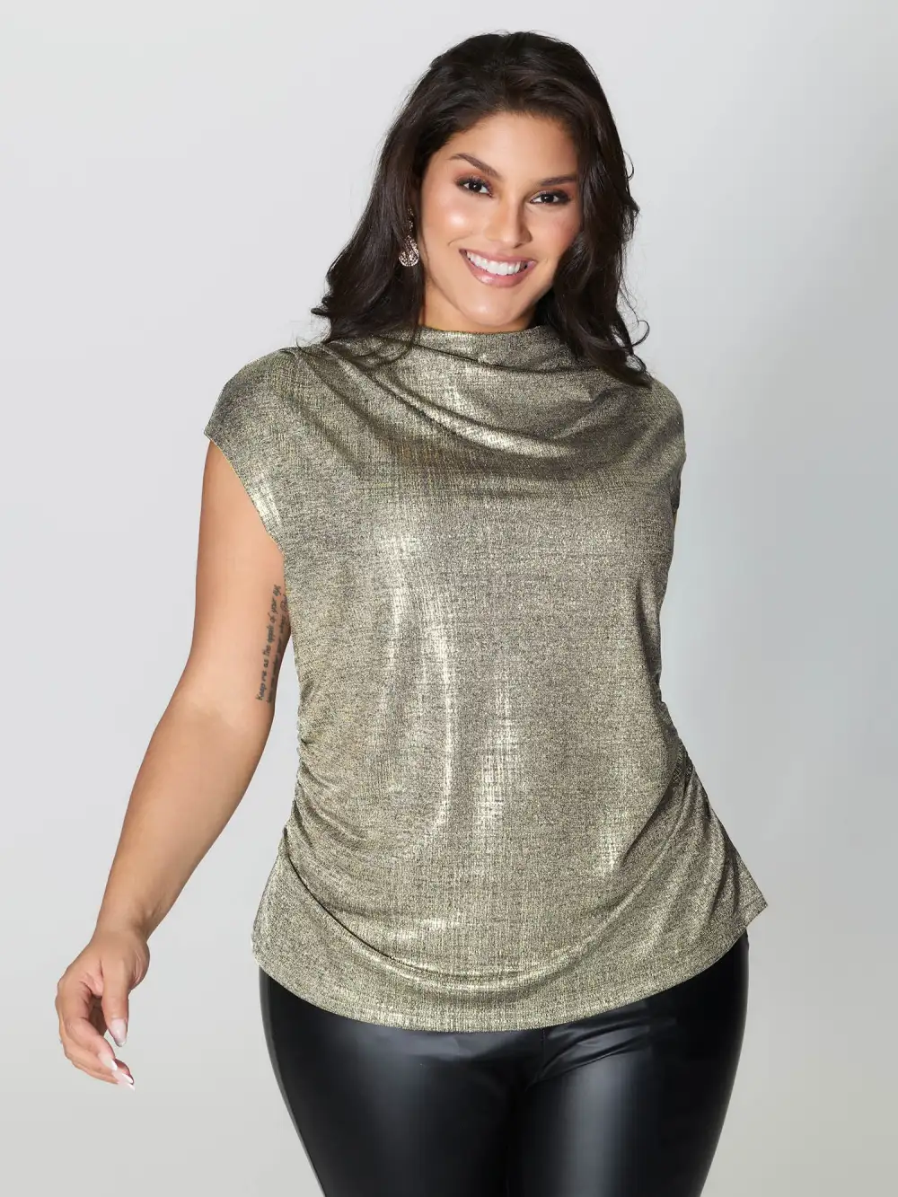 Gold Stamp Shimmery Cowl Neck Top