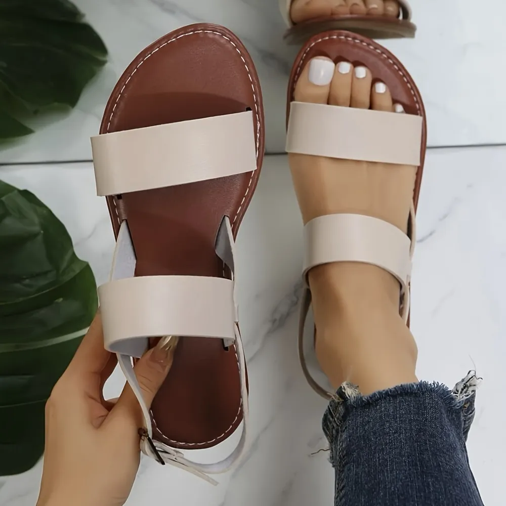 Women's Flat Ankle Strap Sandals, Solid Color Open Toe Non-slip Shoes, Casual Lightweight Beach Shoes