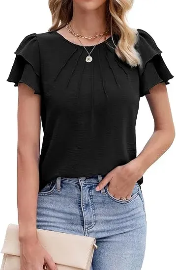 ✨Women’s Casual Blouses Ruffle Short Sleeve T Shirts Pleated Crew Neck Tops