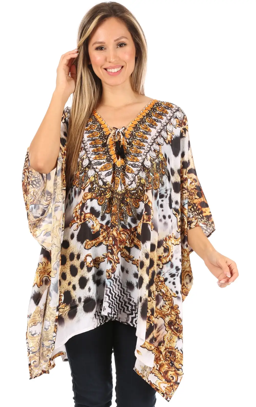 Women's Caftan Poncho Cover up V neck Top Lace up With Rhinestone
