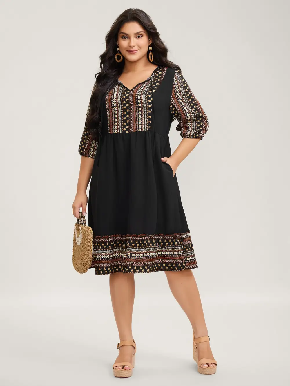 Boho Stripes Neck Tie Midi Dress