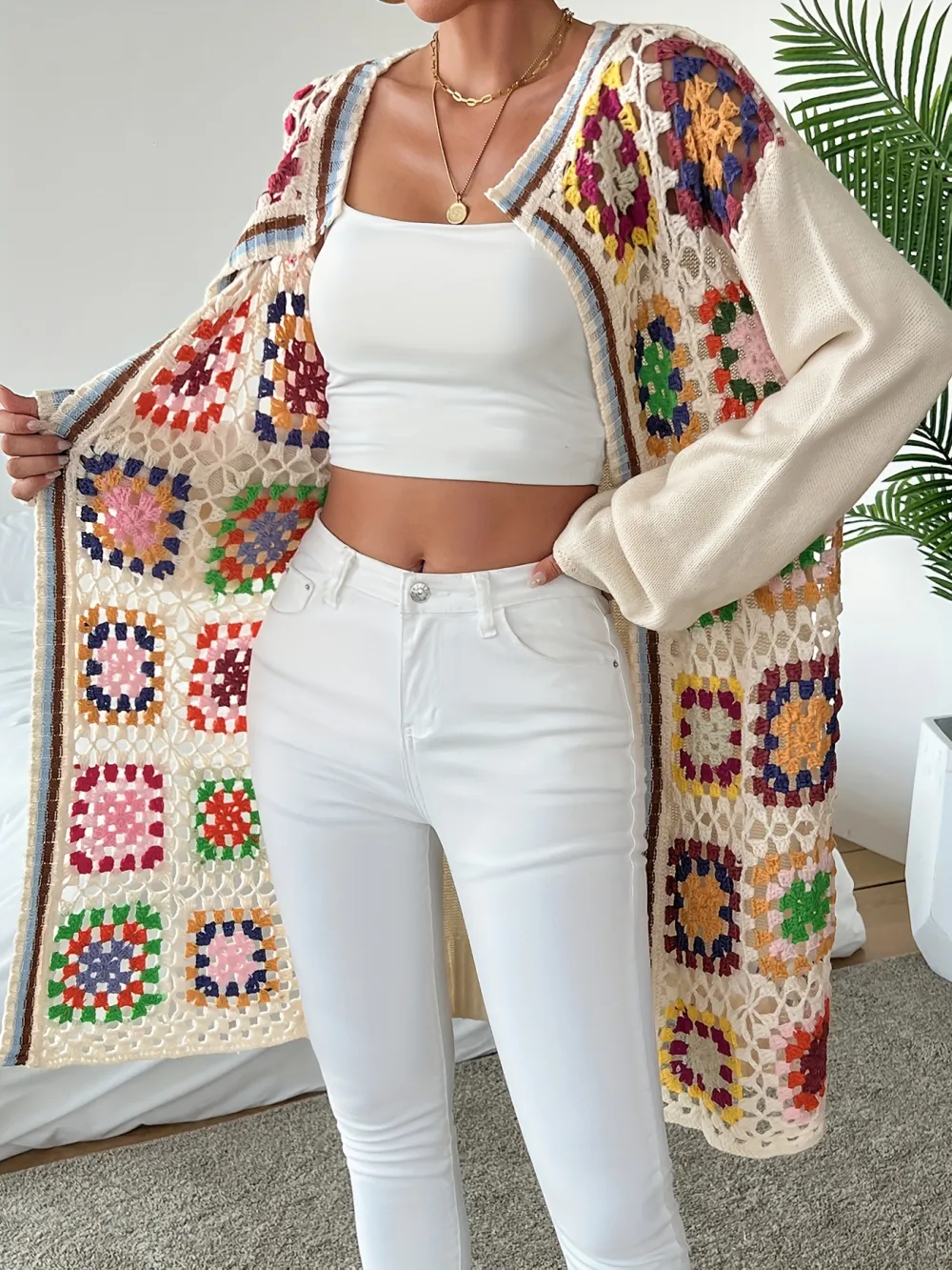 Colorful Crochet Open Front Cardigan, Versatile Drop Shoulder Long Sleeve Mid-length Cardigan For Spring & Fall, Women's Clothing