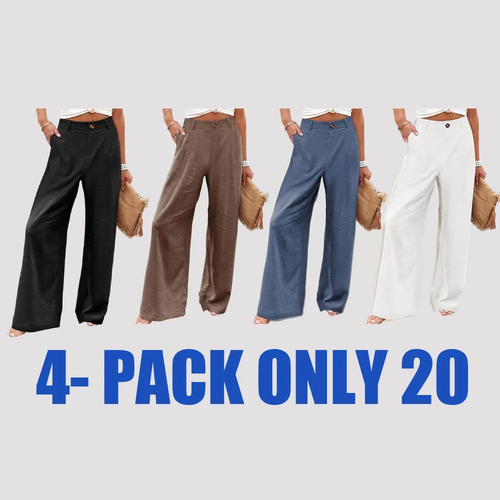 Womens Cotton Linen Pants Casual Button Up High Waisted Wide Leg Trousers Wideleg Loose