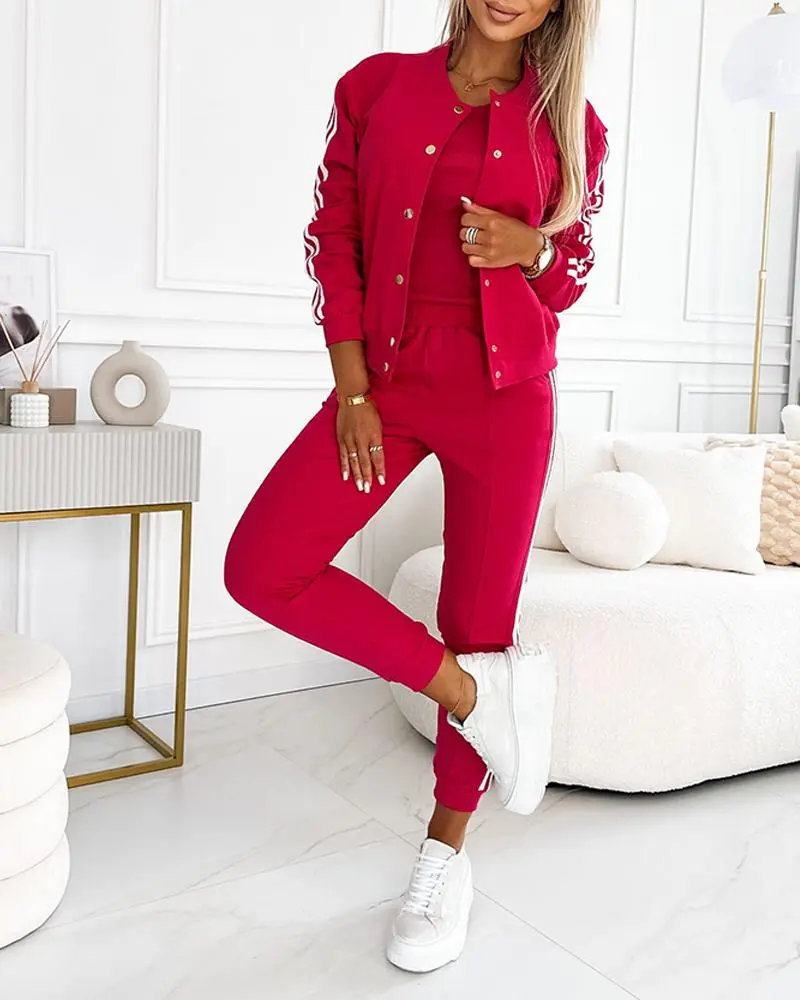 3 Piece Outfits Matching Sets Striped Tape Patch Tank Tops Button Front Jacket Cuffed Pants with Pockets Tracksuit