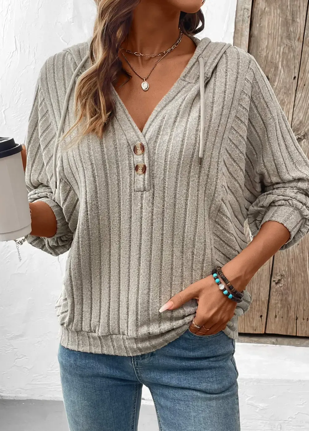 Gray Brown Tummy Coverage Long Sleeve V Neck Hoodie