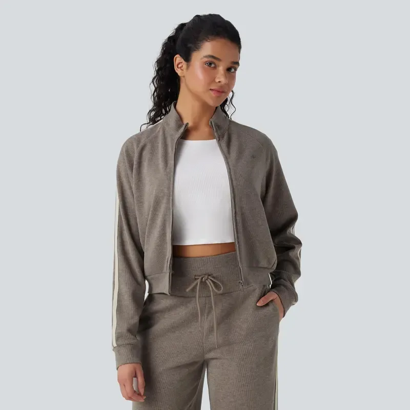 Stand-up collar jacket + wide-leg pants