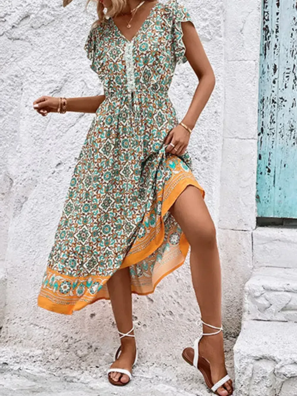 Women Floral V Neck Short Sleeve Comfy Casual Midi Dress