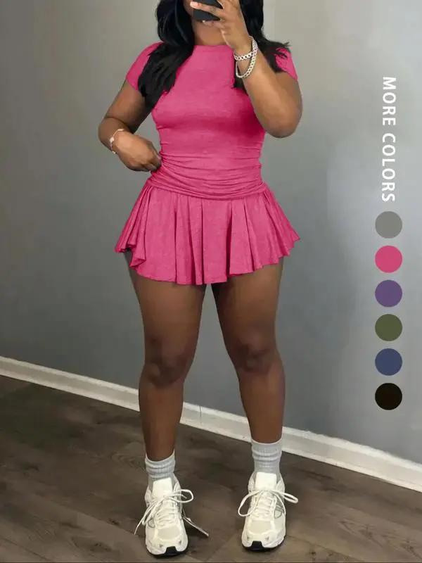 Casual Summer Skirt Set for Women – Tee & Pleated Skirt