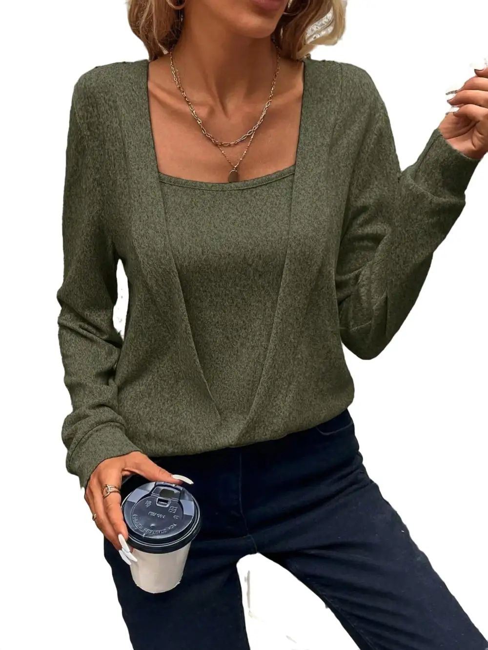 Casual Solid Pullovers Square Neck Light Grey Women Sweatshirts