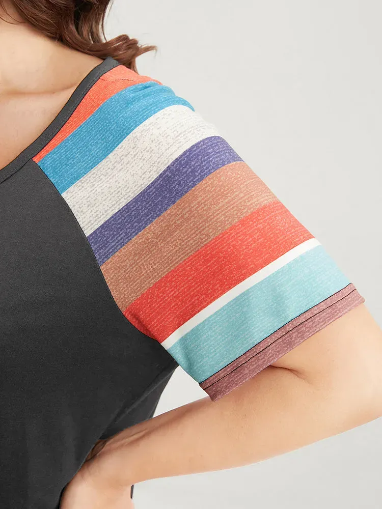 Striped Contrast Raglan Sleeve Round Neck T-shirt