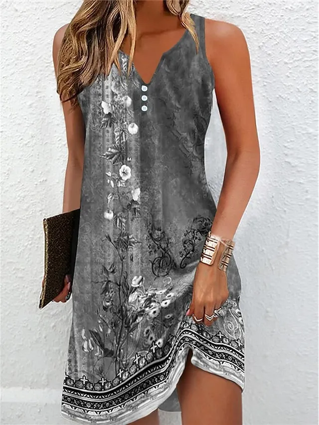 Women's Casual Dress Shift Dress Tank Dress Floral Button Print V Neck Mini Dress