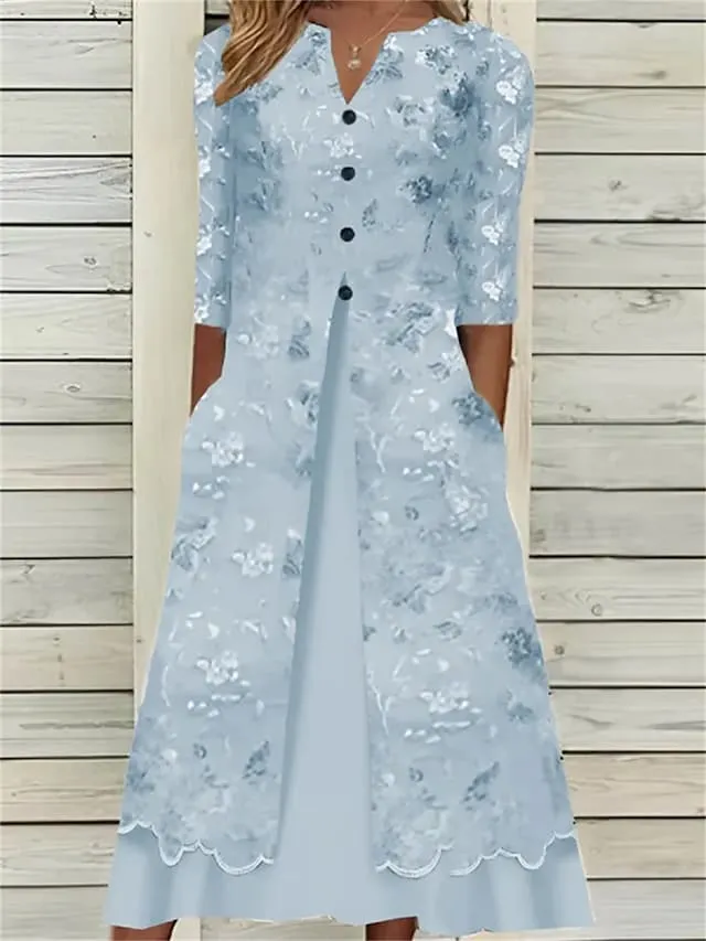Women's Casual Dress Summer Dress Print Dress Floral Button Pocket V Neck Midi Dress Fashion Streetwear Outdoor Daily 3/4 Length Sleeve Loose Fit Pink Green Light Blue Spring Summer S M L XL XXL