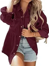 Women's Shirt Jacket Shacket Comfortable Ruched Pocket Casual Plain Holiday Casual Daily Weekend Single Breasted Regular Turndown Regular Fit Long Sleeve Outerwear Red Green Fall Winter