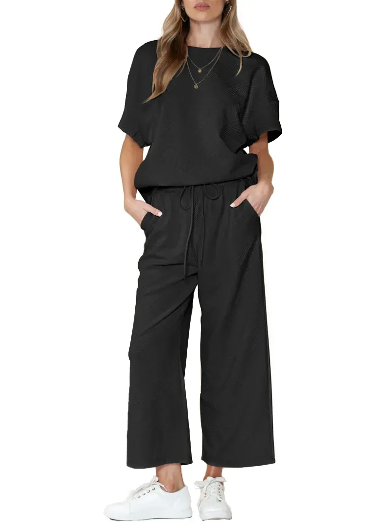 ✨Women's Textured Loose Fit T Shirt and Drawstring Pants Casual Set