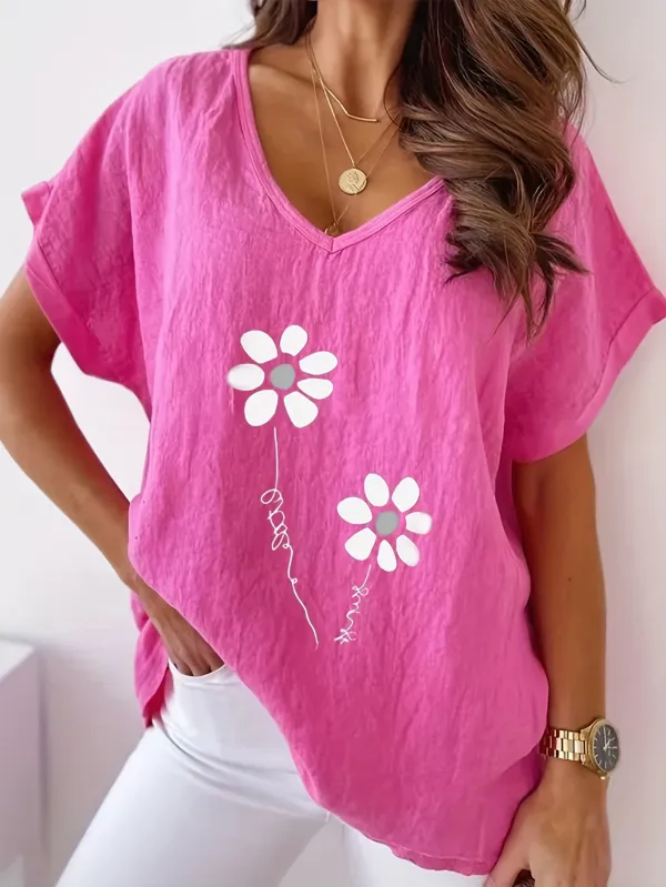 Summer Printed V-neck Casual Batwing Short Sleeve T-shirt