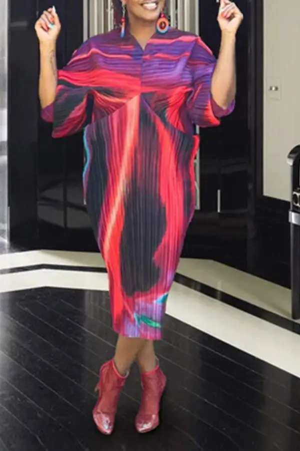 Abstract Print Stylish Batwing Sleeve Midi Dress