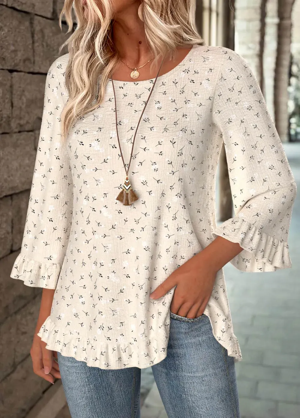 Beige Patchwork Ditsy Floral Print 3/4 Sleeve T Shirt