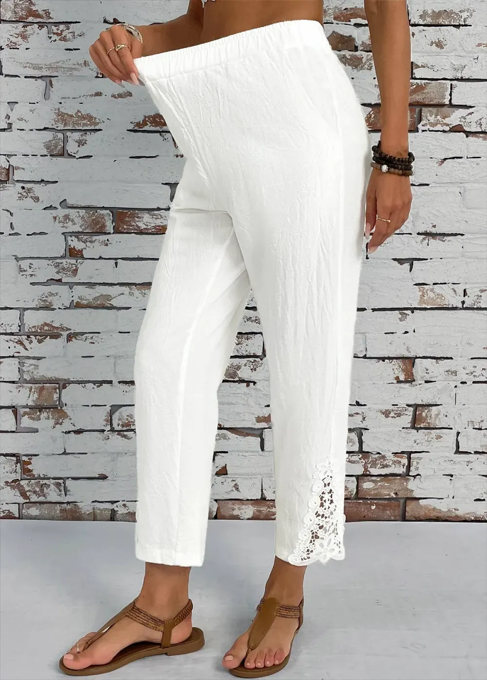 White Pocket Straight Leg Elastic Waist High Waisted Pants