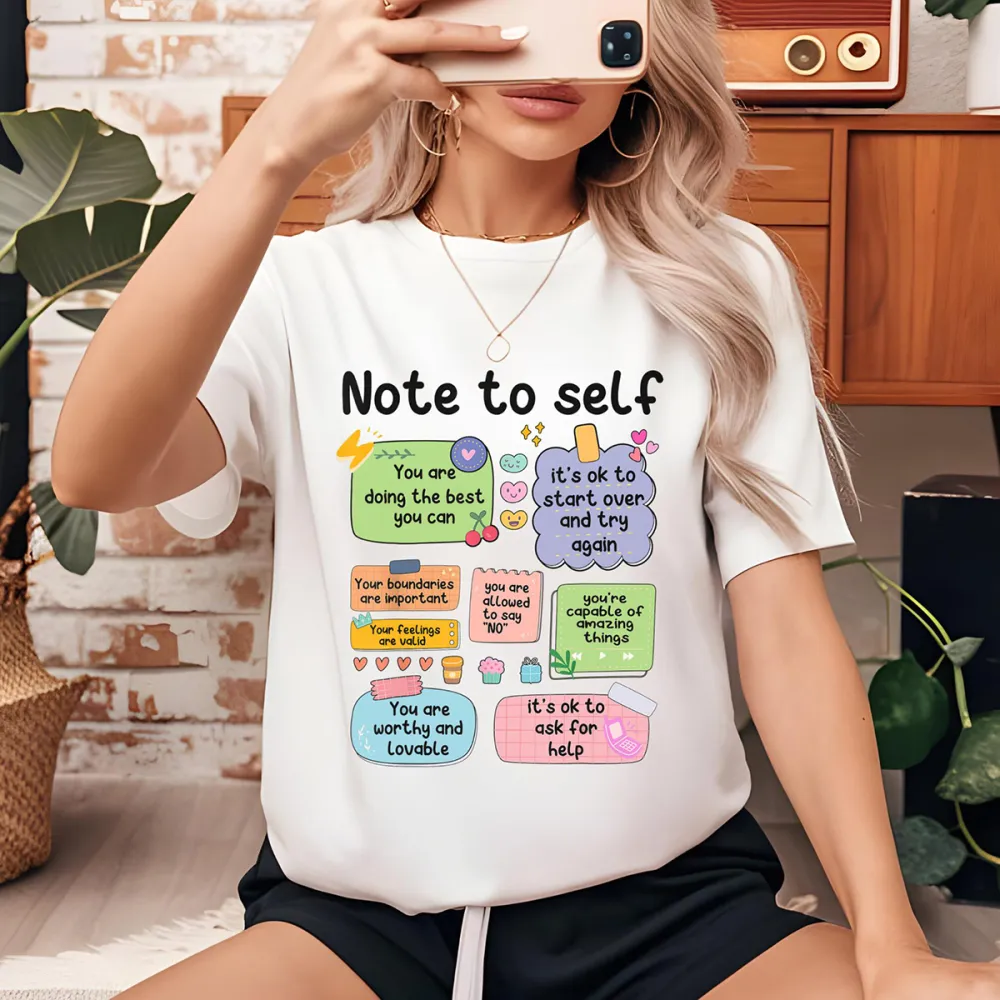 Mental Health Note To Self Print Round Neck Short Sleeve T-Shirt