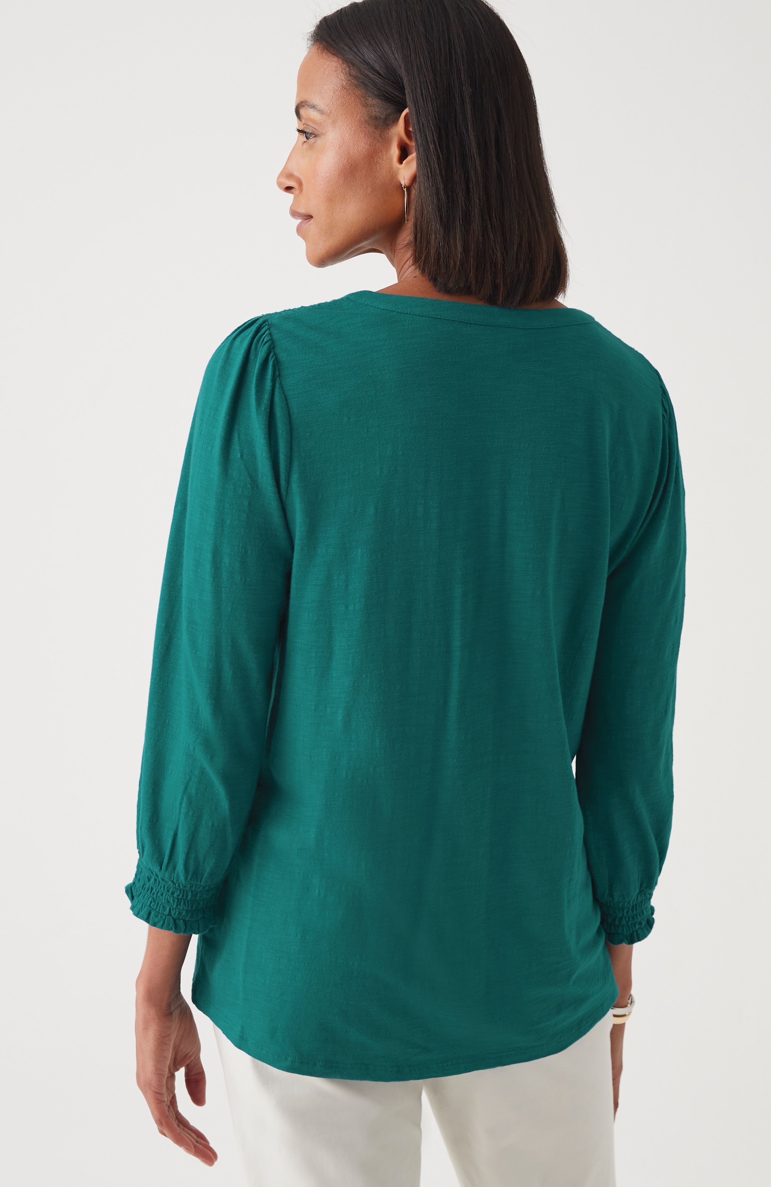 Smocked-Sleeve Henley Top