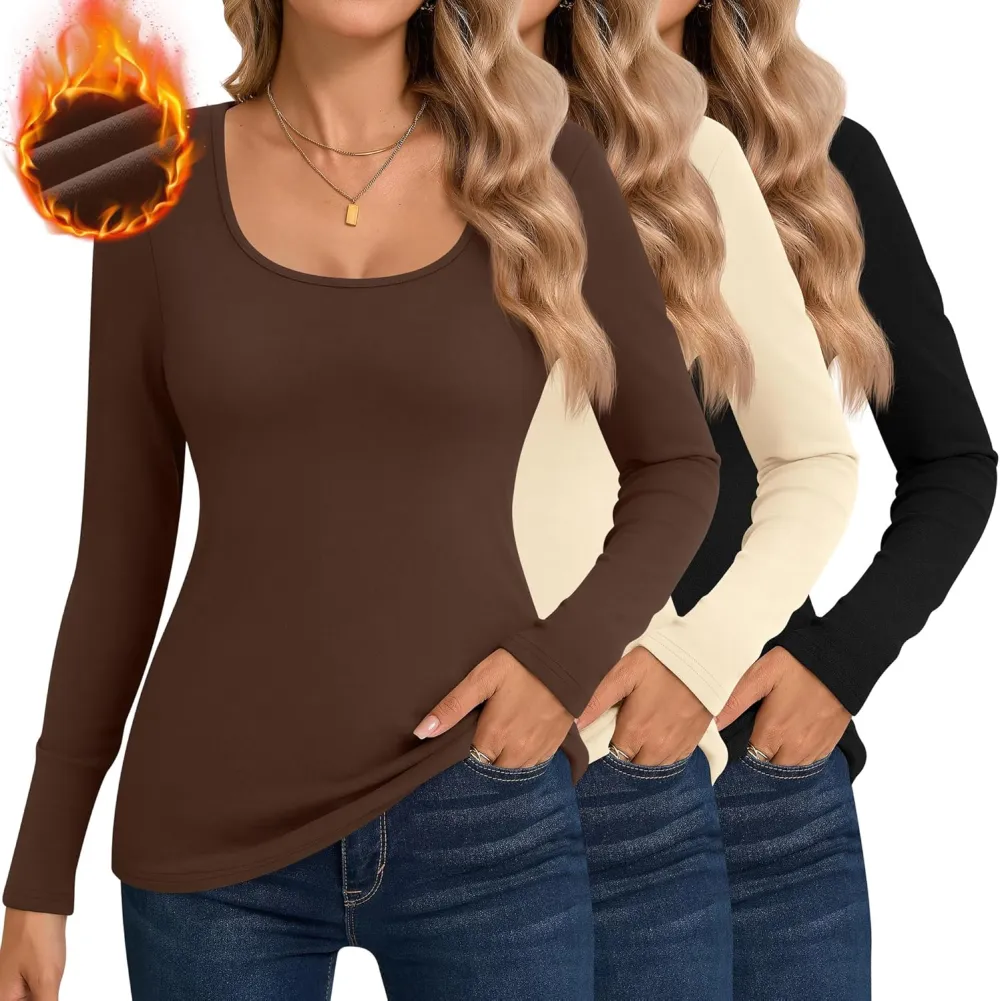 3 Pack Women's Thermal Long Sleeve Shirts Fleece Lined Scoop Neck Stretch Fitted Tops Winter Base Layer Underwear