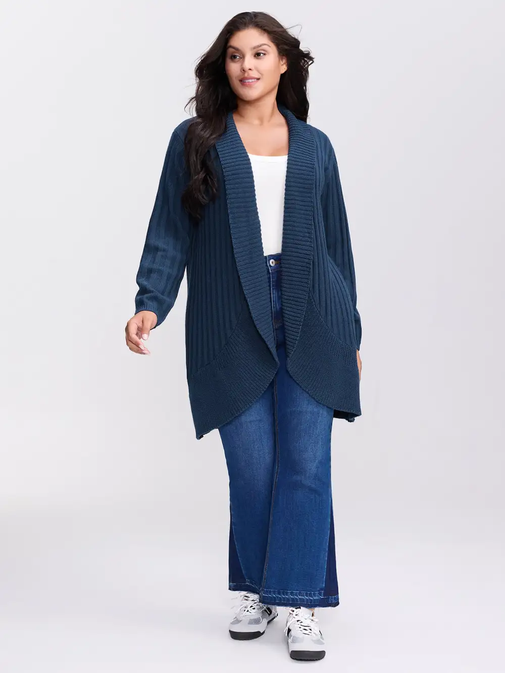 Folded Collar Ribbed Curvy Knit Cardigan