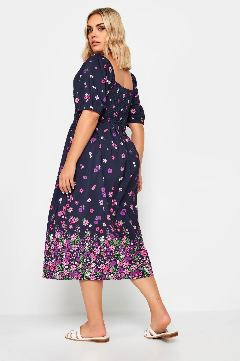YOURS Curve Black Floral Print Shirred Midi Dress