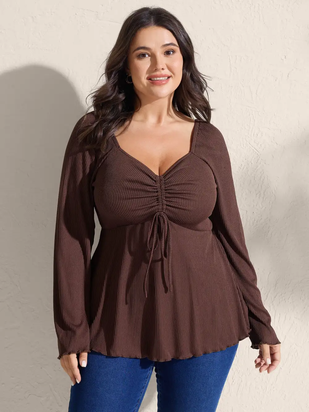 Ribbed Adjustable Drawstring Bodice Flared T-Shirt