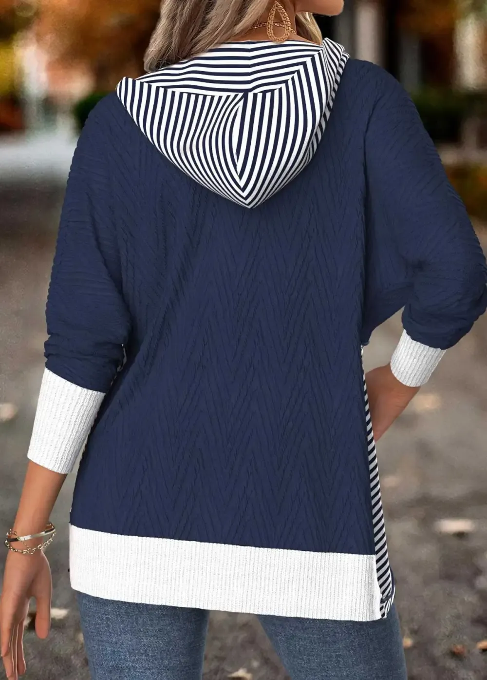 Navy Tummy Coverage Striped Long Sleeve Hoodie