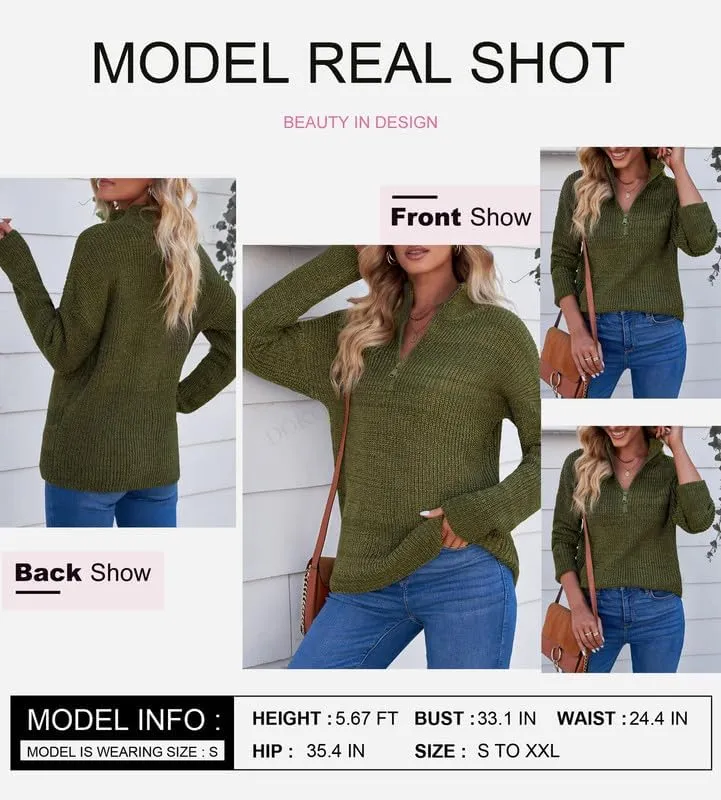 Womens Sweaters Long Sleeve 1/4 Zip Pullover Polo V Neck Dressy Casual Tops