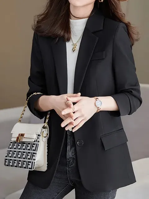 Lapel Collar Long Sleeve Plain Buckle Regular Loose Blazer For Women