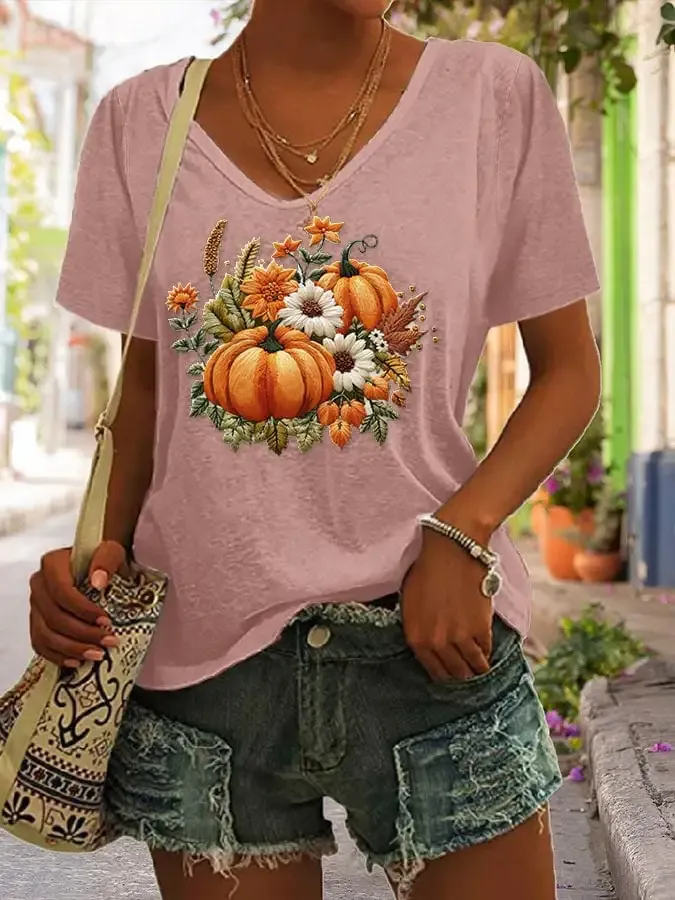 Women's Casual Autumn Floral Pumpkin T-Shirt