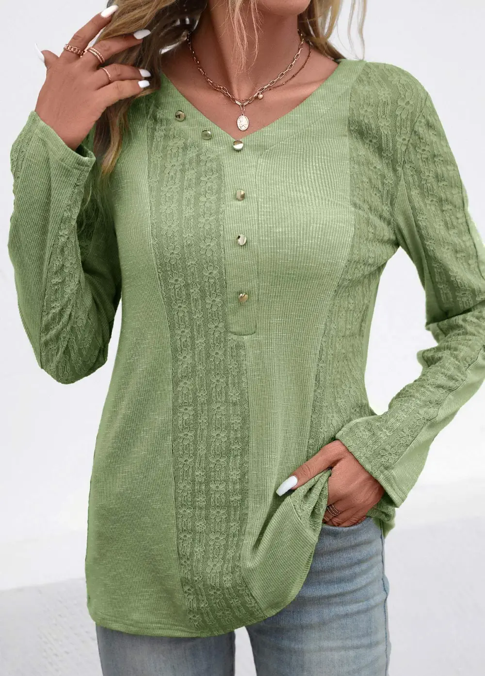 Sage Green Patchwork Long Sleeve V Neck Blouse