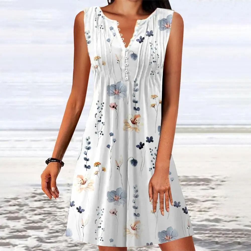 sundaysale White Sleeveless Print Mini Dress