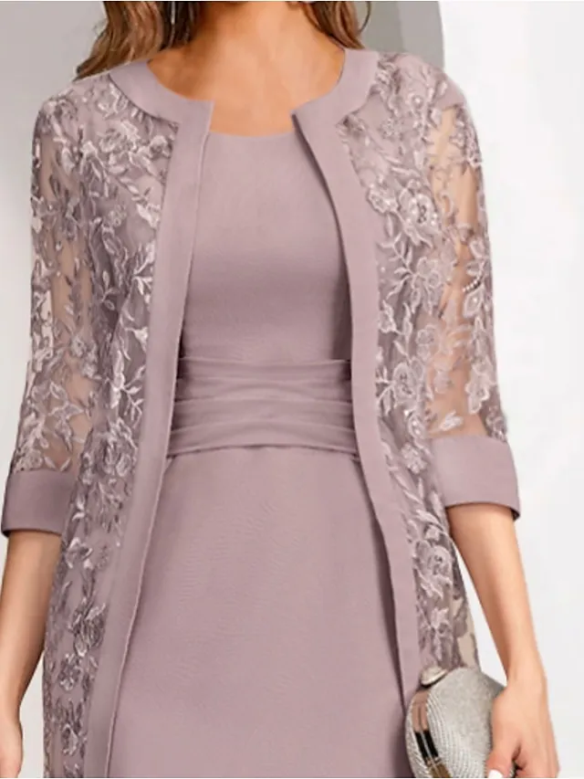 Women's Lace Dress Dress Set Two Piece Dress Midi Dress Pink Half Sleeve Pure Color Mesh Summer Spring Fall Crew Neck Fashion Office Wedding Guest 2023 S M L XL XXL 3XL