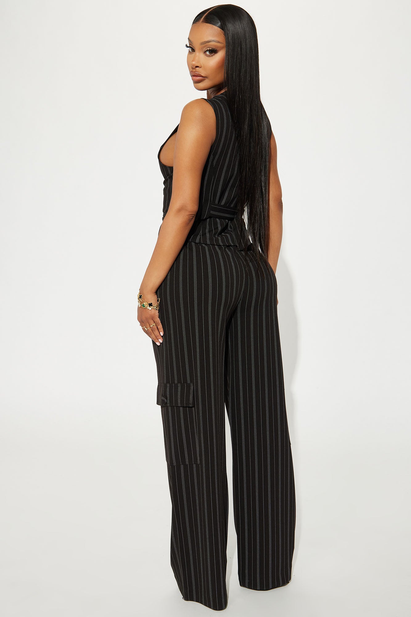 Heidy Pinstripe Vest Pant Set - Black