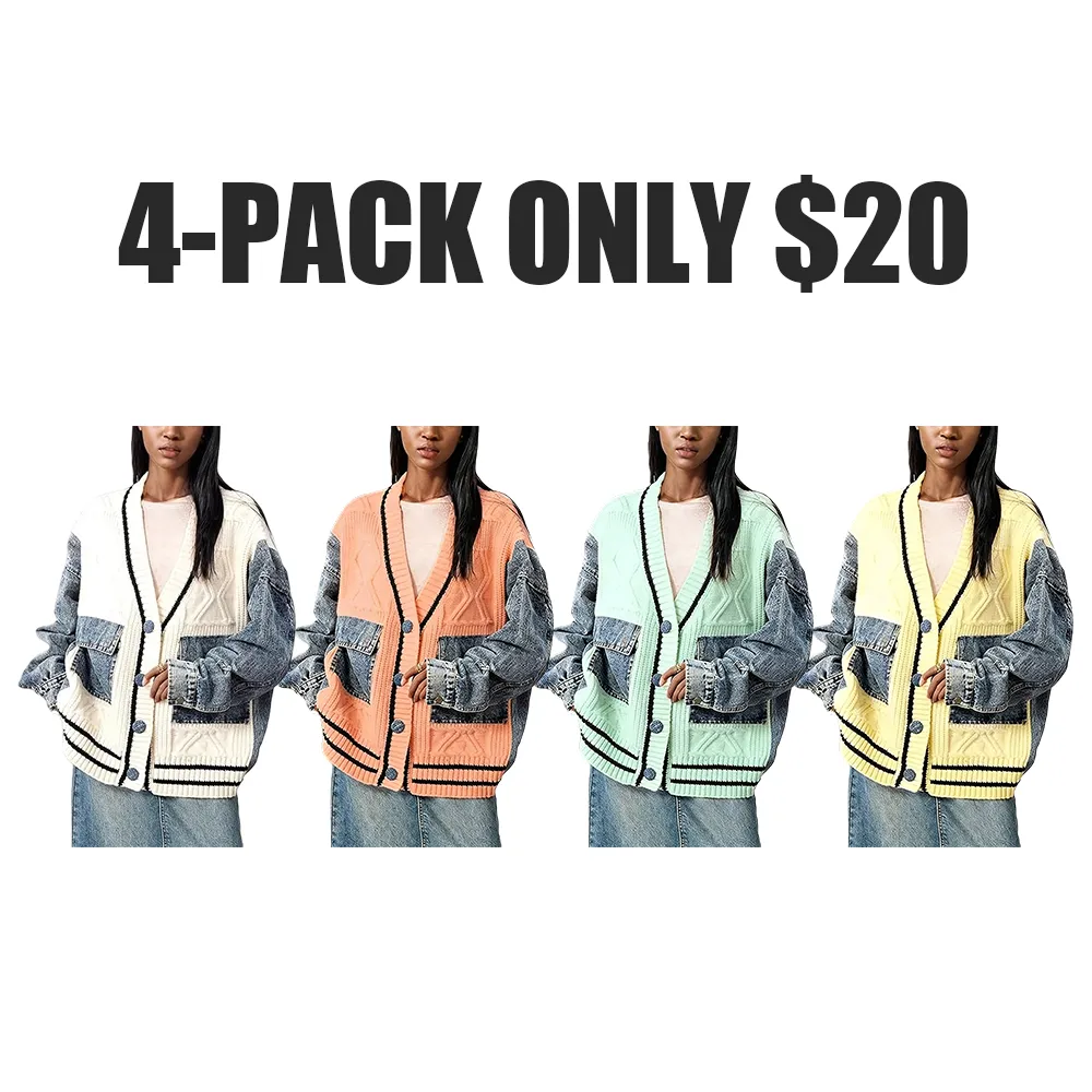 Unique Denim Patchwork Cable Knitted Coat