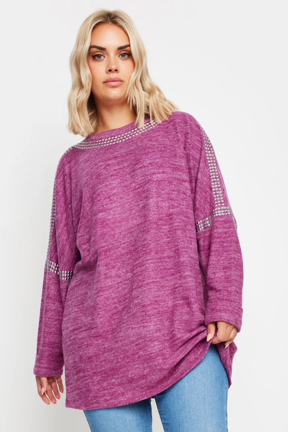 YOURS Curve Grey Stud Neckline Embellished Jumper