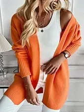 Women's Sweater Cardigan Streetwear Casual Solid Color V Neck Pocket Knitted Long Sleeve Long Tops Knit Daily Holiday Going out Orange Apricot Fall Winter