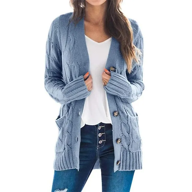 Women's Cardigan Pocket Knitted Button Solid Color Casual Chunky Long Sleeve Regular Fit Sweater Cardigans