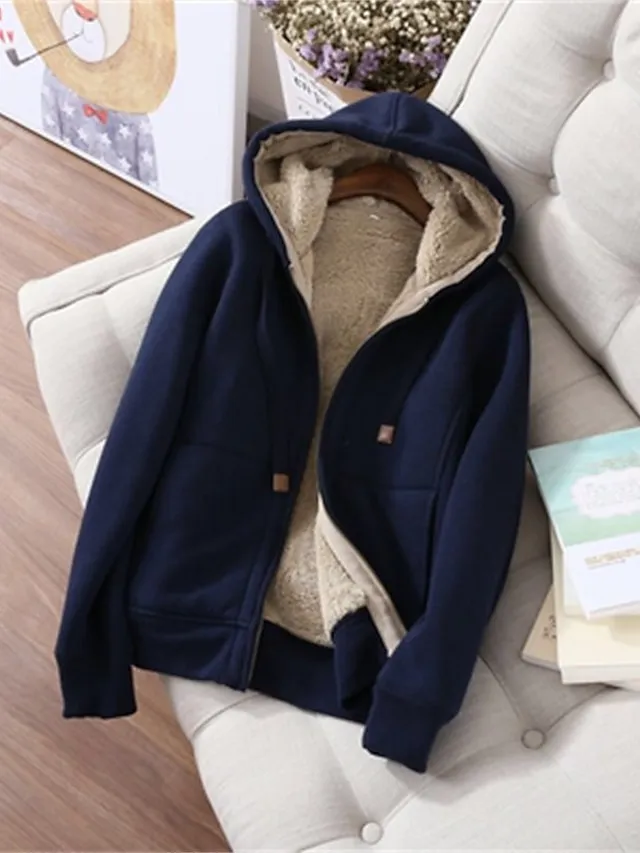 Women's Sweatshirt Tracksuit Pants Sets Black Red Blue Solid Color Zipper Drawstring Long Sleeve Sport Vacation Streetwear Sherpa Fleece Teddy Hooded Regular Fit Fall & Winter