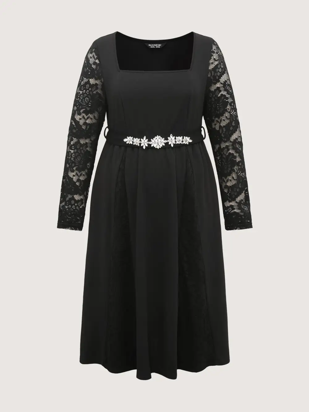 Hotfix Rhinestones Lace Trim Midi Dress